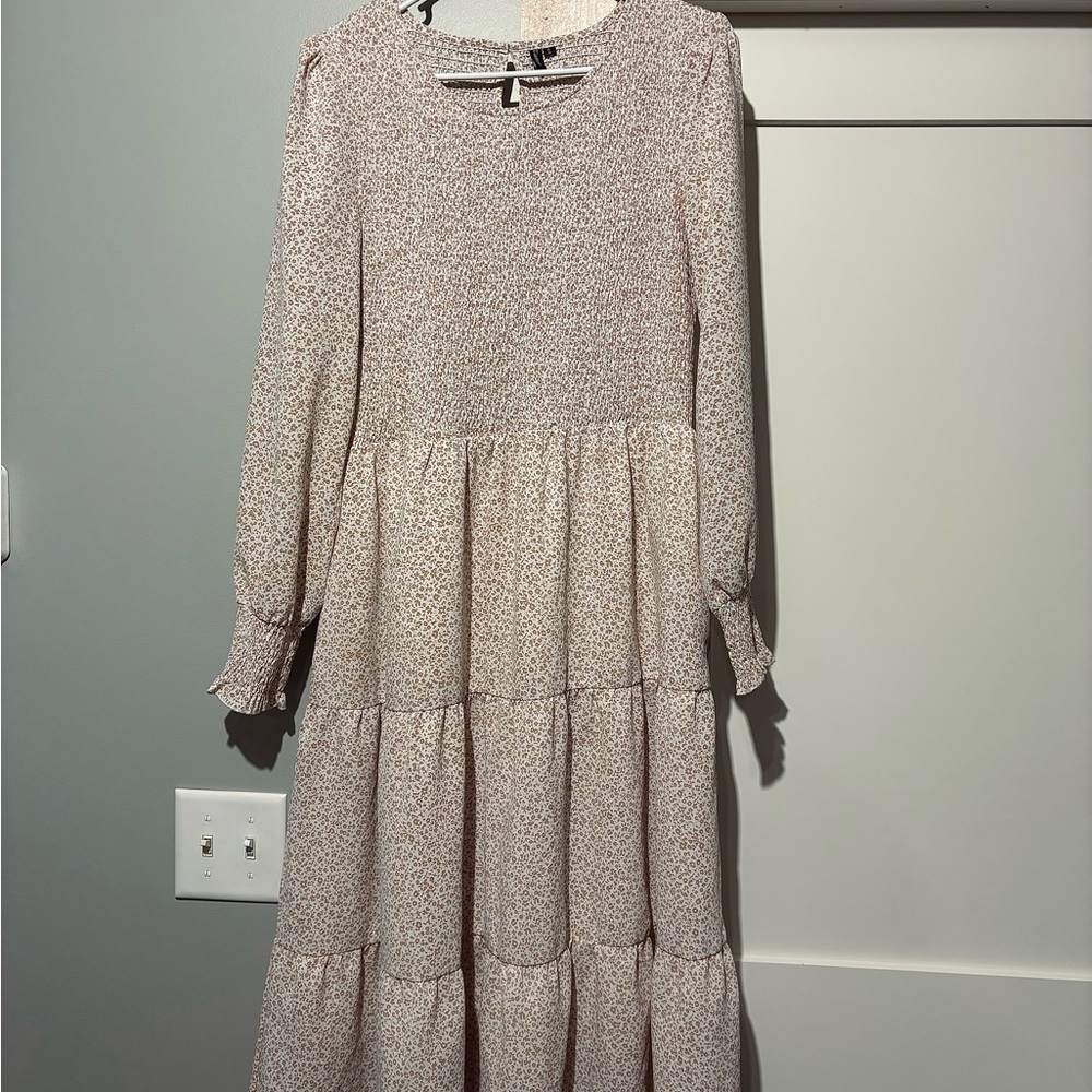 Long Tiered Floral Maxi Dress - Cream with Dusty Pink Print